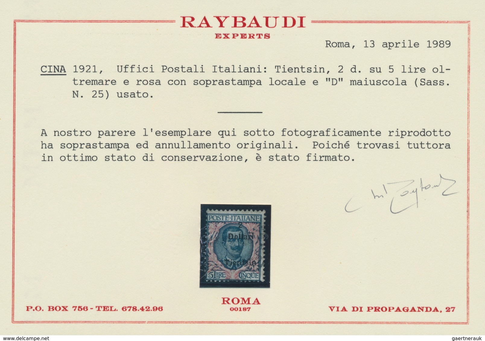 Italienische Post In China: 1919, $2 On 5l. Blue/rose, Used Copy, Reperforated. Certificates E.Diena - Tientsin