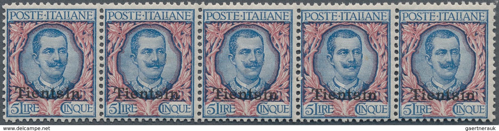 Italienische Post In China: 1917, Tientsin 5l. Ultramarine/rose, Horizontal Strip Of Five, Fresh Col - Tientsin