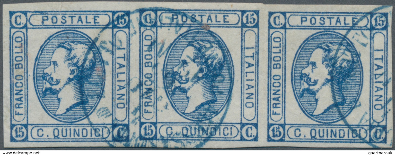 Italienische Post In Der Levante: 1863 15 C. Blue, Imperforate Strip Of Three With Large Margins All - General Issues