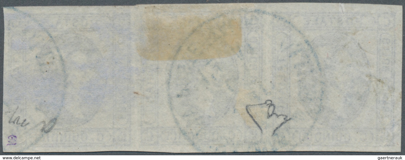Italienische Post In Der Levante: 1863 15 C. Blue, Imperforate Strip Of Three With Large Margins All - Emissions Générales