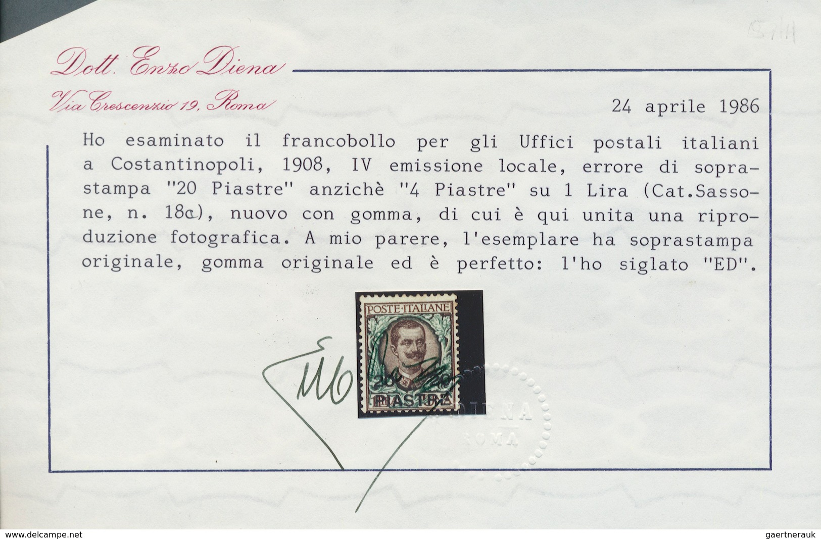 Italienische Post In Der Levante: 1908, 20pi. On 1l. Brown/green, Not Issued, Mint Orginal Gum (tone - Amtliche Ausgaben