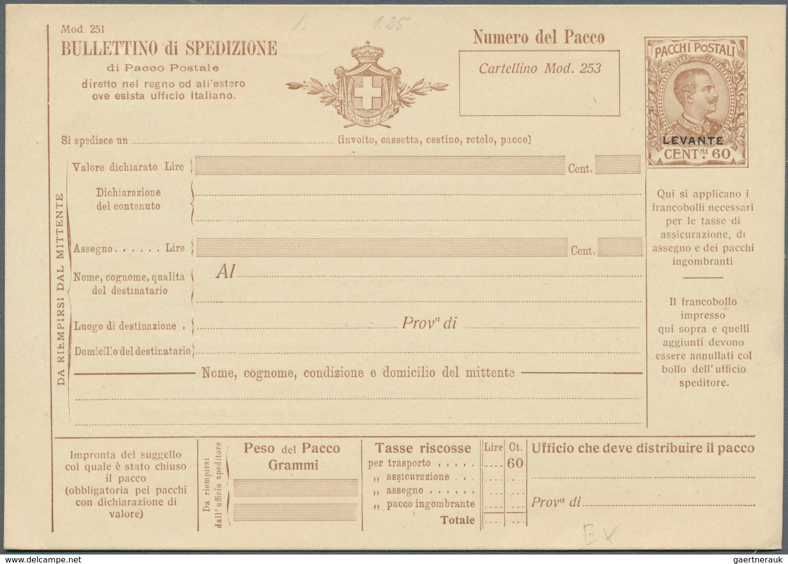 Italienische Post In Der Levante: 1908: Set Of Five Unused Postal Stationery Parcel Cards, Unused, R - Amtliche Ausgaben