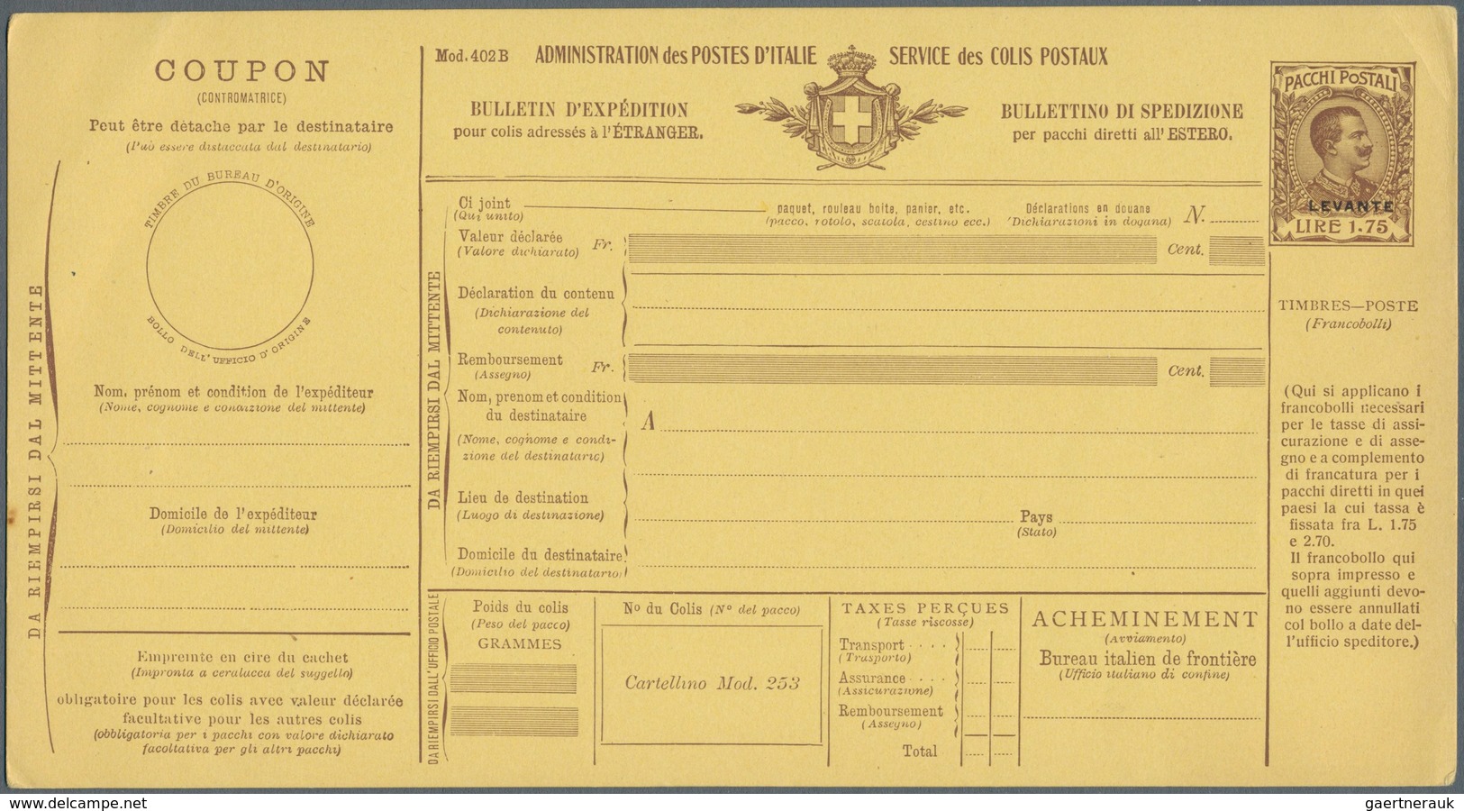 Italienische Post in der Levante: 1908: set of five unused postal stationery parcel cards, unused, r