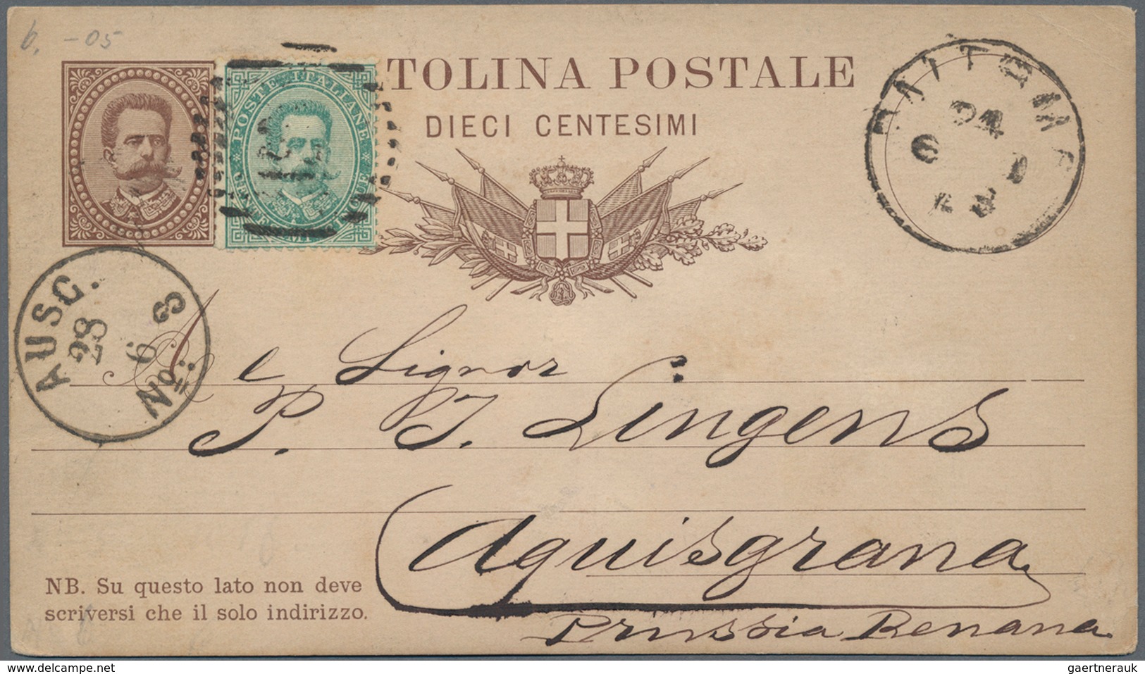 Italien - Ganzsachen: 1879, 10 Cent. Brown, With Additional 5 Cent. Green, Umberto I, Tied By Numeri - Entiers Postaux