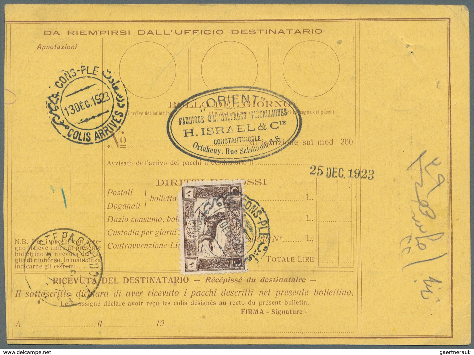 Italien - Ganzsachen: 1923/1926 Six Parcel Cards From Italy To Istanbul / Constantinople. Turkish St - Entiers Postaux