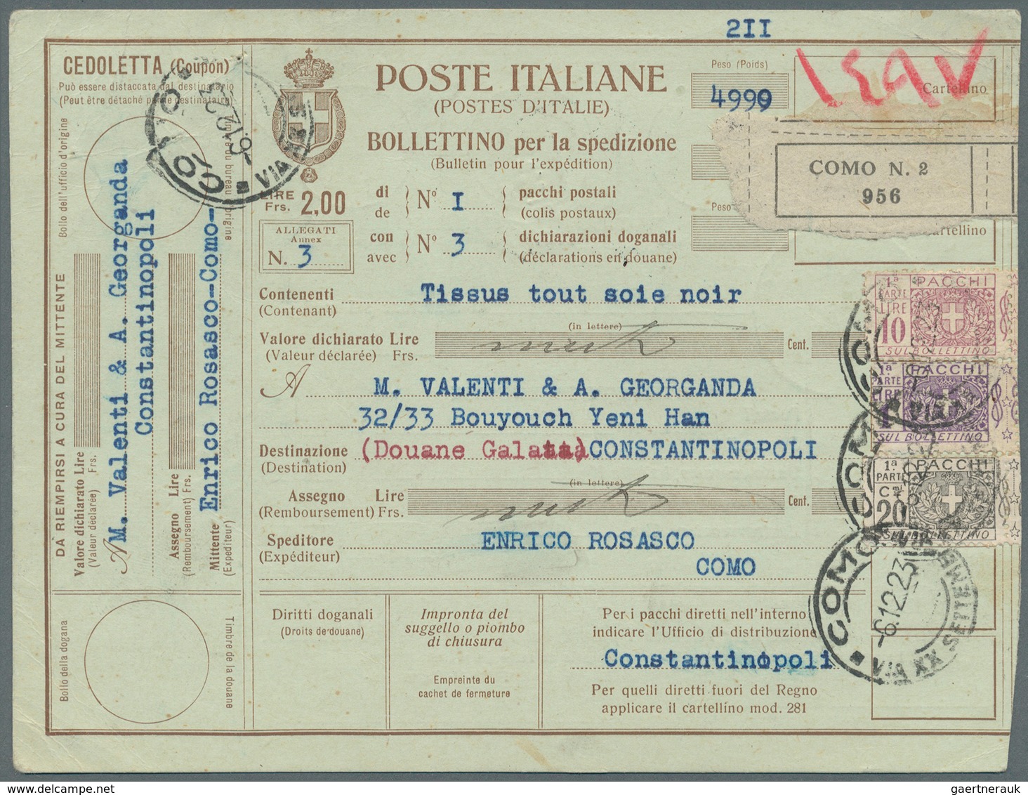 Italien - Ganzsachen: 1923/1926 Six Parcel Cards From Italy To Istanbul / Constantinople. Turkish St - Stamped Stationery