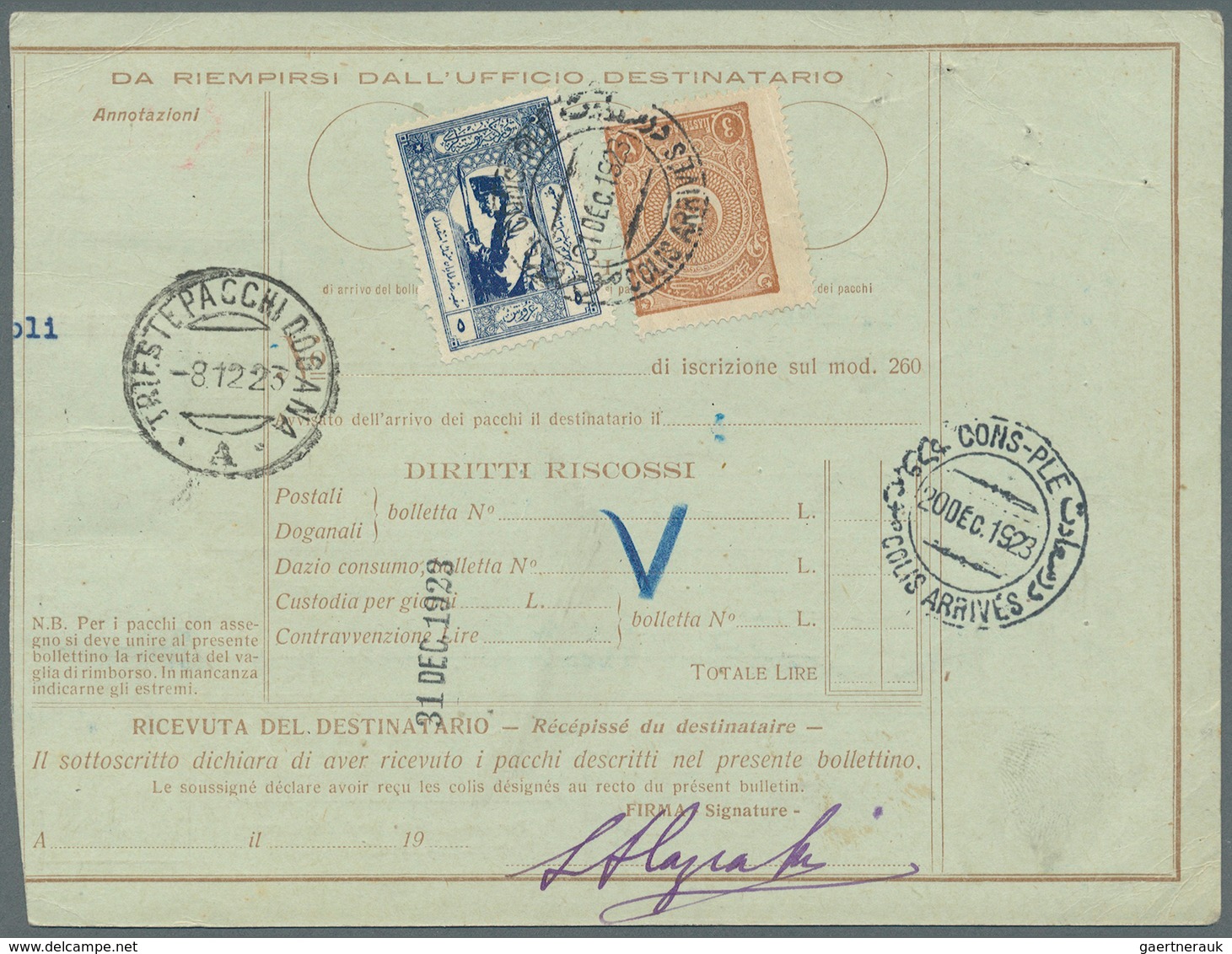 Italien - Ganzsachen: 1923/1926 Six Parcel Cards From Italy To Istanbul / Constantinople. Turkish St - Stamped Stationery