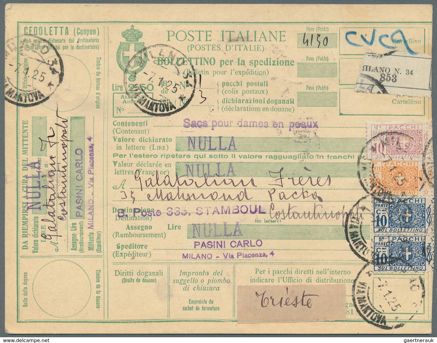 Italien - Ganzsachen: 1923/1926 Six Parcel Cards From Italy To Istanbul / Constantinople. Turkish St - Entiers Postaux