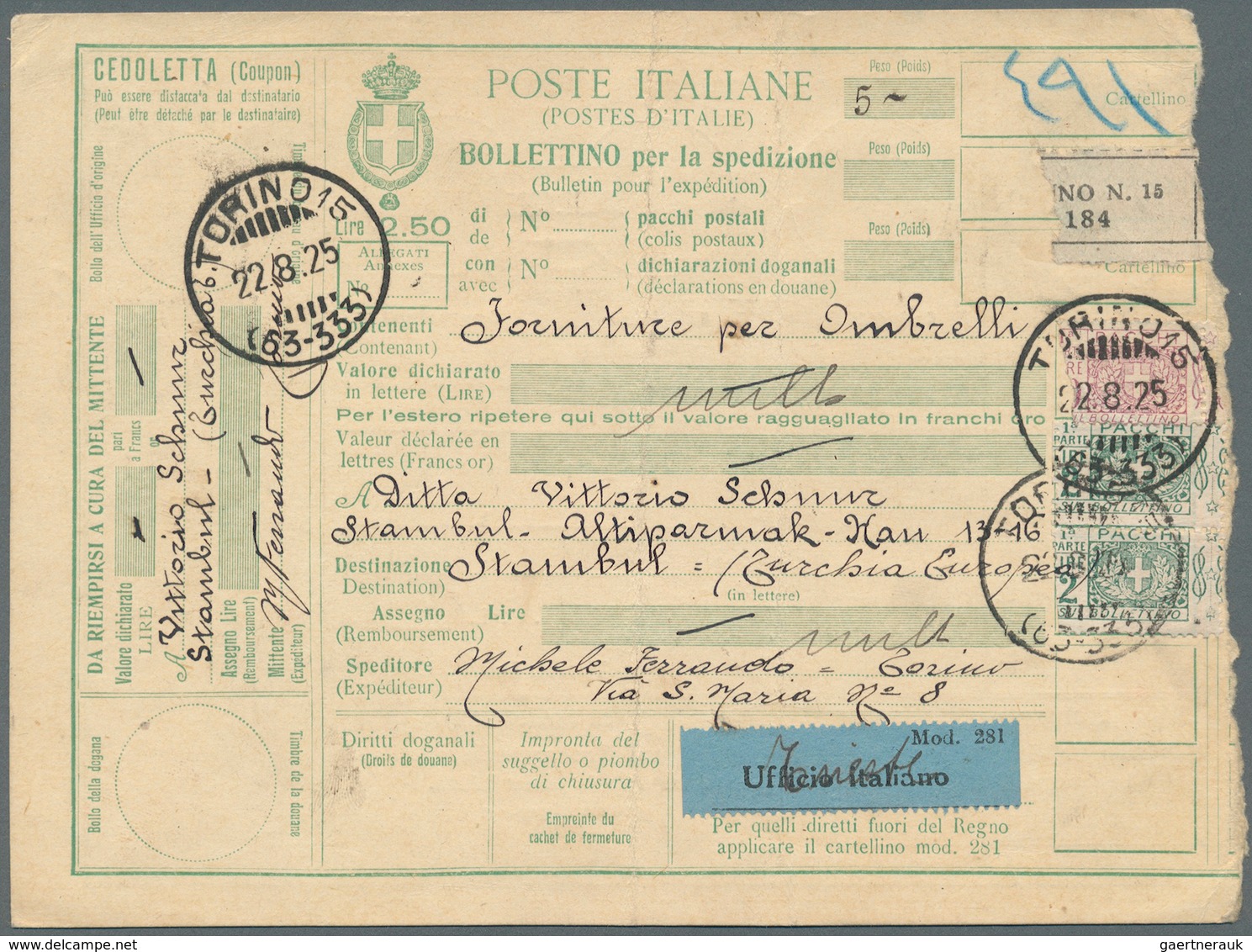 Italien - Ganzsachen: 1923/1926 six parcel cards from Italy to Istanbul / Constantinople. Turkish st
