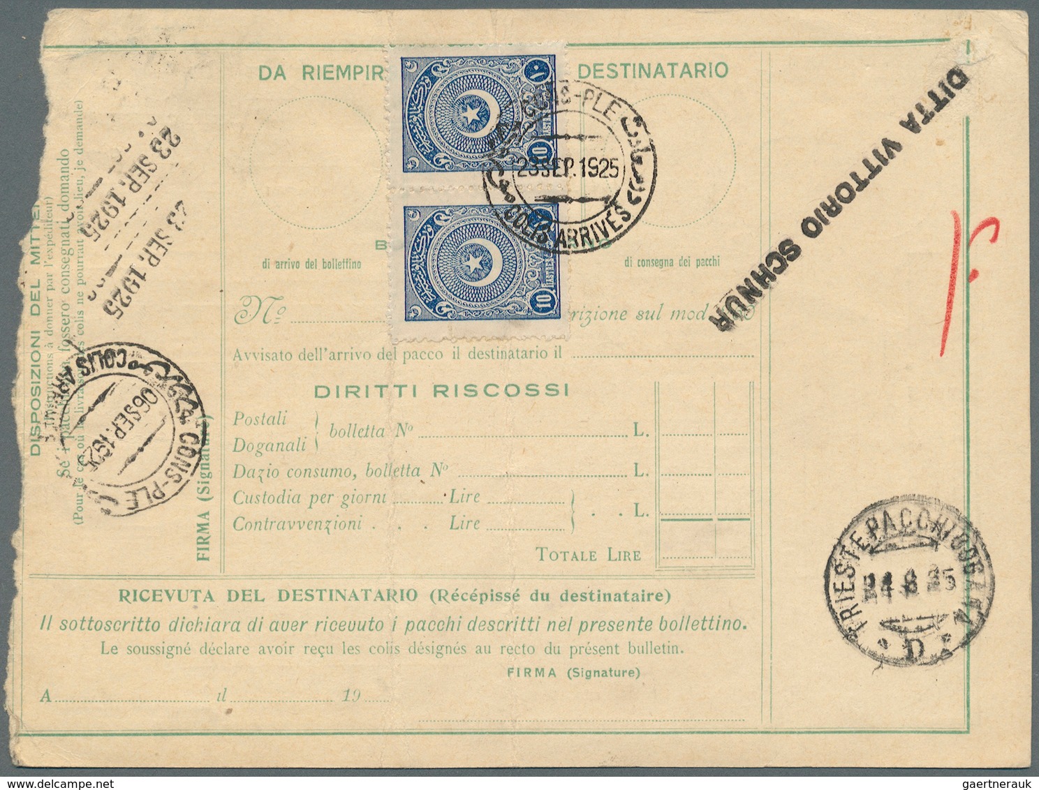 Italien - Ganzsachen: 1923/1926 six parcel cards from Italy to Istanbul / Constantinople. Turkish st