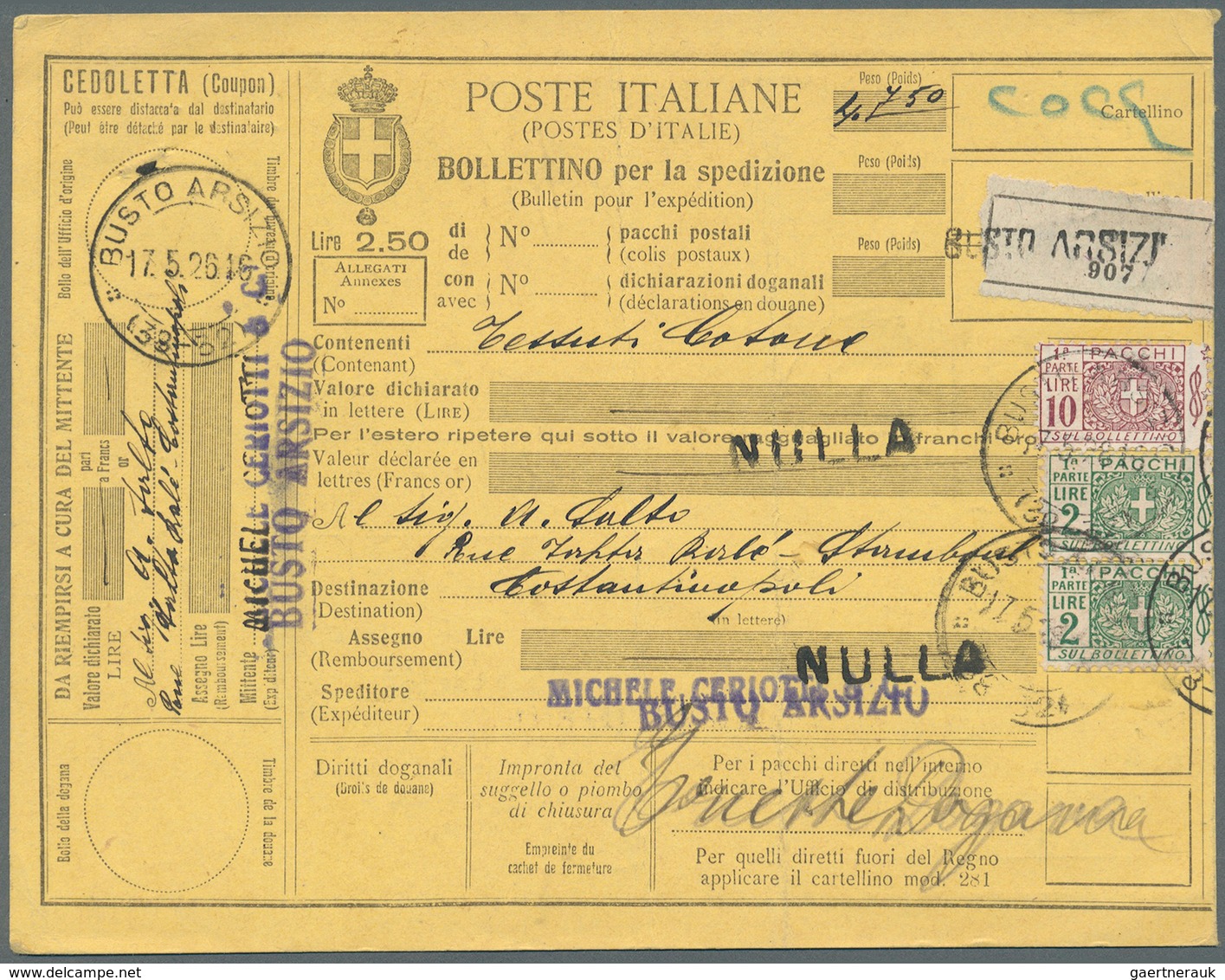 Italien - Ganzsachen: 1923/1926 six parcel cards from Italy to Istanbul / Constantinople. Turkish st