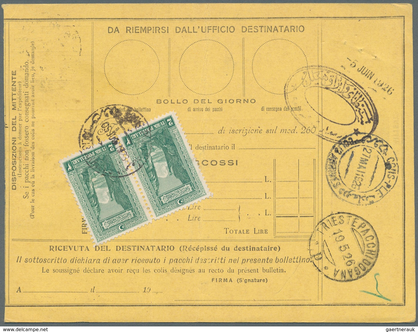 Italien - Ganzsachen: 1923/1926 six parcel cards from Italy to Istanbul / Constantinople. Turkish st