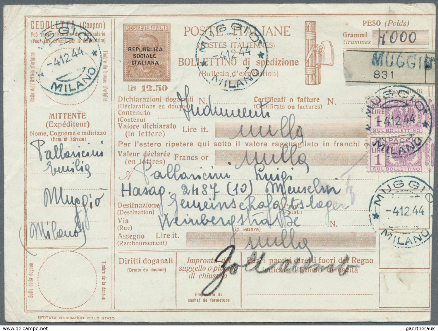 Italien - Ganzsachen: 1944, Social Republic, 12,50 Lire Brown Parcel Stationery Card Ovpd "REPUBBLIC - Entiers Postaux