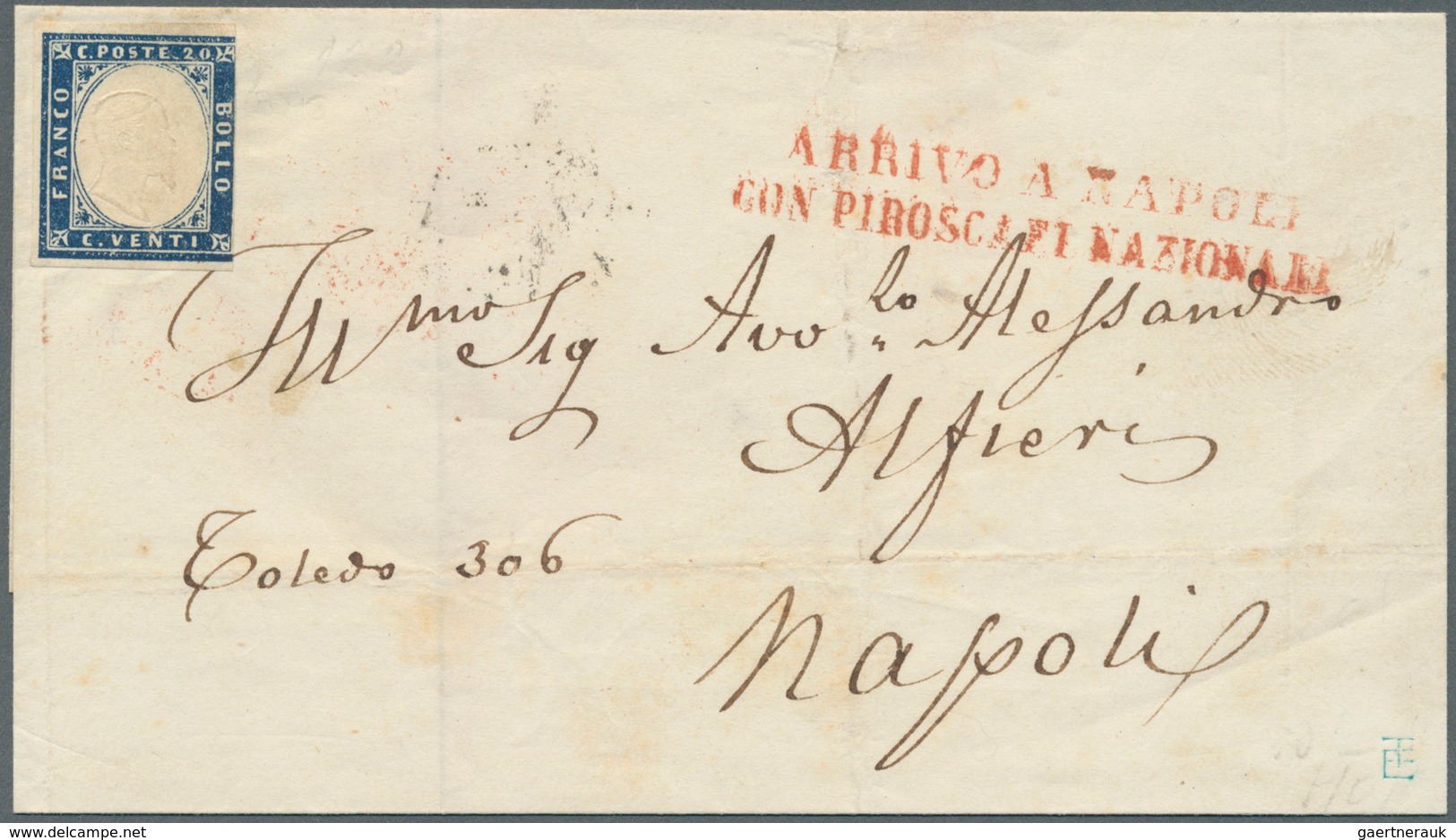 Italien - Stempel: 1861. Cover To Naples With Uncancelled Sardinia 20 C Blue With Red L2 "ARRIVO A N - Marcophilie