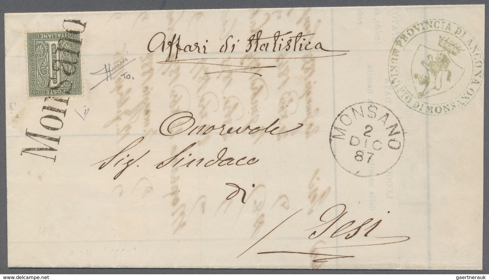 Italien - Stempel: MONSANO: Circular From Monsano To Jesi, Franked With 1 Centesimi - In The Reduced - Marcophilie