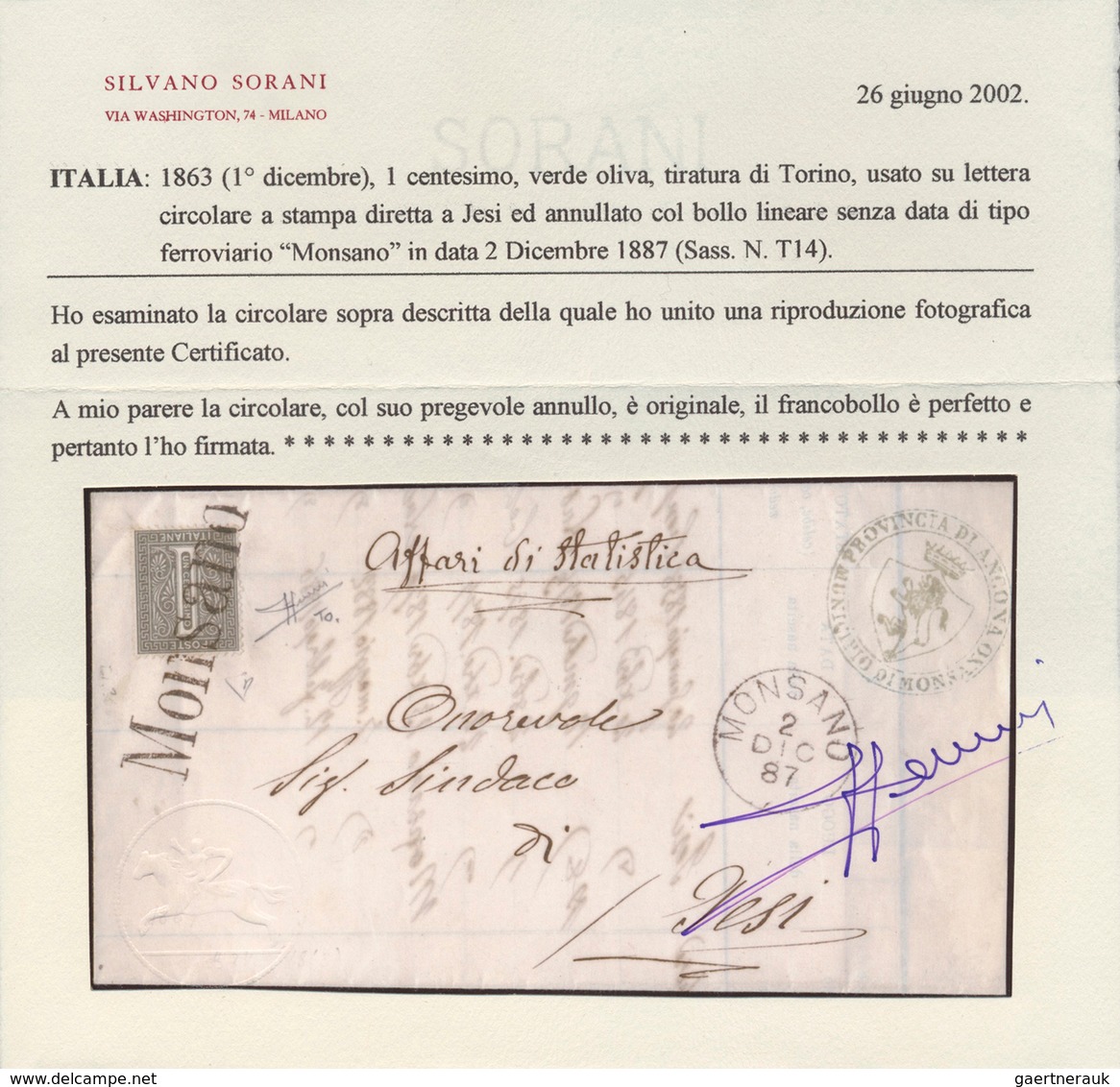 Italien - Stempel: MONSANO: Circular From Monsano To Jesi, Franked With 1 Centesimi - In The Reduced - Marcophilia