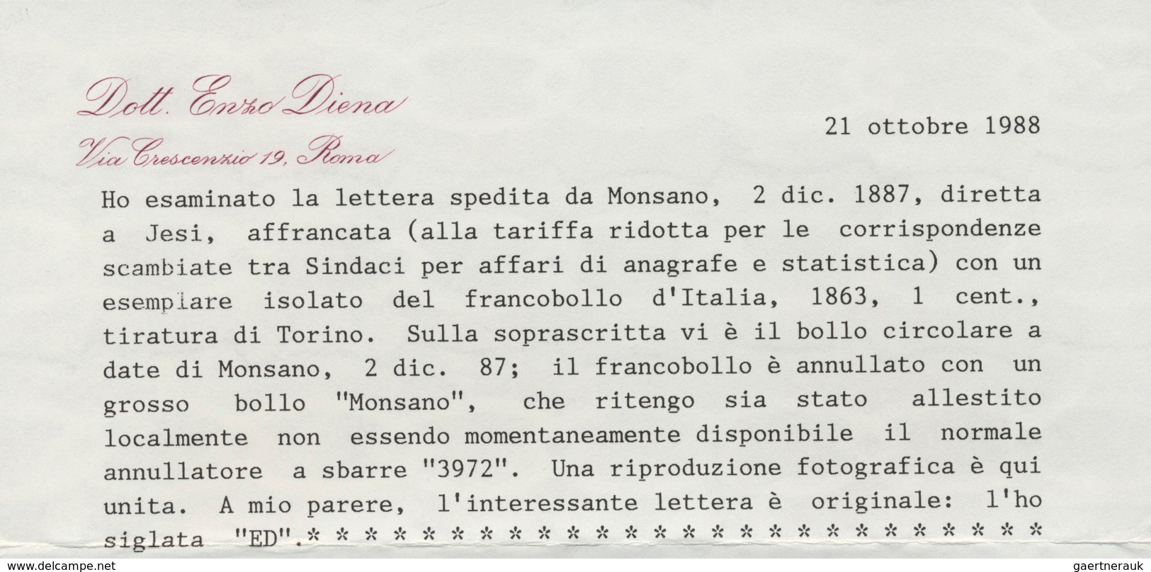 Italien - Stempel: MONSANO: Circular From Monsano To Jesi, Franked With 1 Centesimi - In The Reduced - Marcophilie