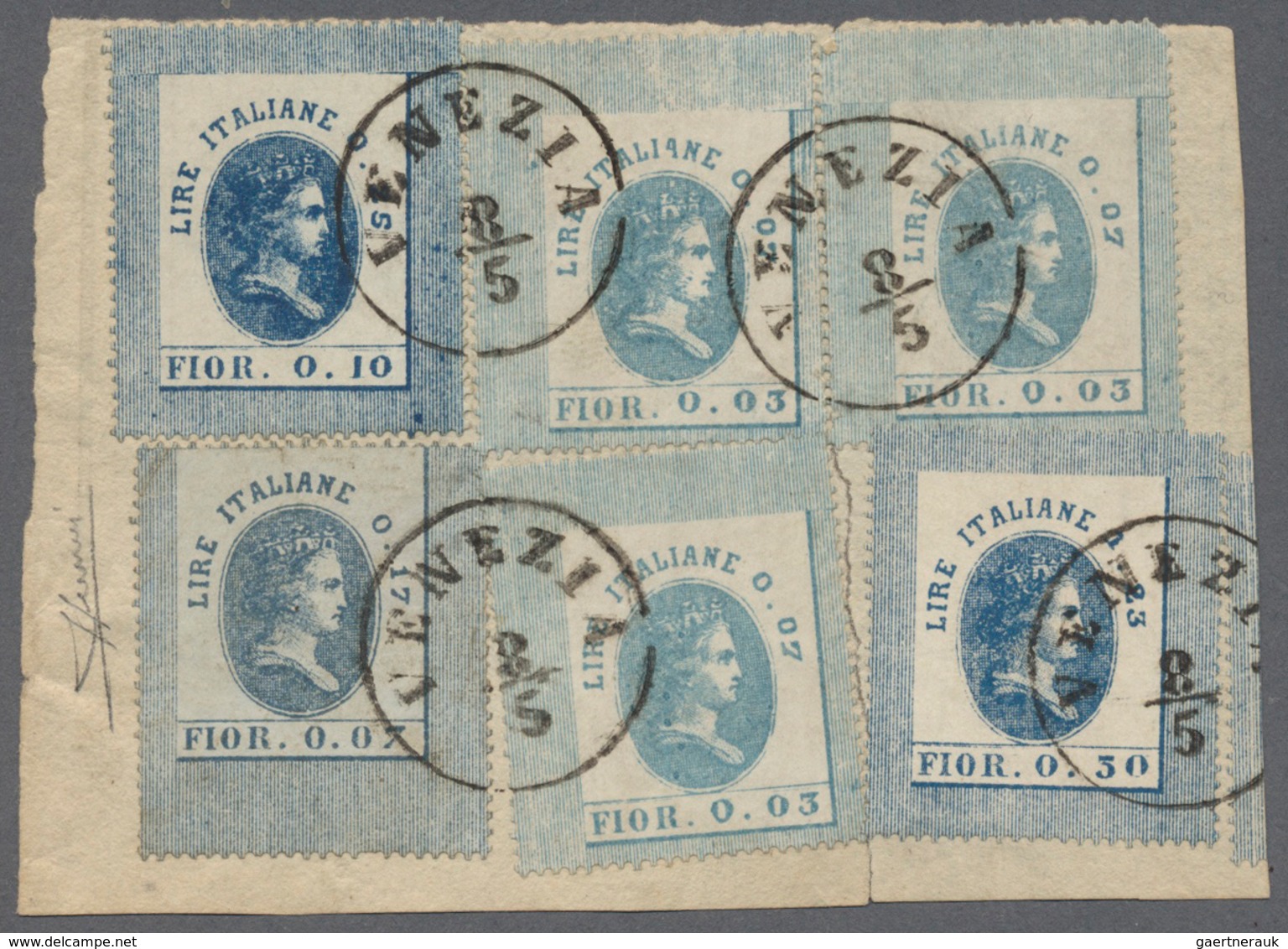 Italien - Besonderheiten: 1866, Six Transitional Fiscal Stamps - 3x Lire Italiane 0,07 (Fiorini 0,03 - Non Classés