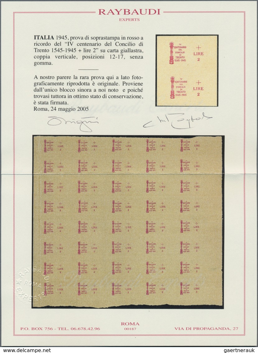 Italien - Besonderheiten: 1945, "IV CENTENARIO EL CONCILIO DI TRENTO 1545-1945 + LIRE 2", Overprint - Non Classés