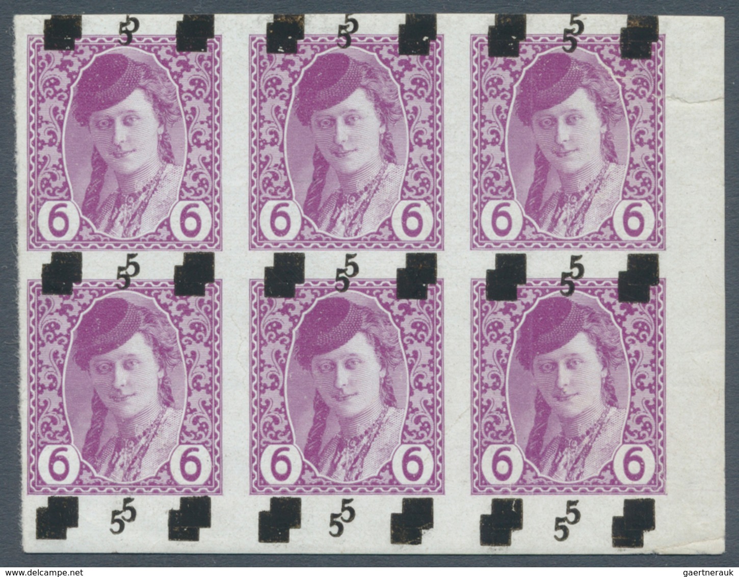 Jugoslawien: 1918, 5 On 6h. Lilac, Marginal Block Of Six From The Lower Right Corner Of The Sheet (t - Neufs