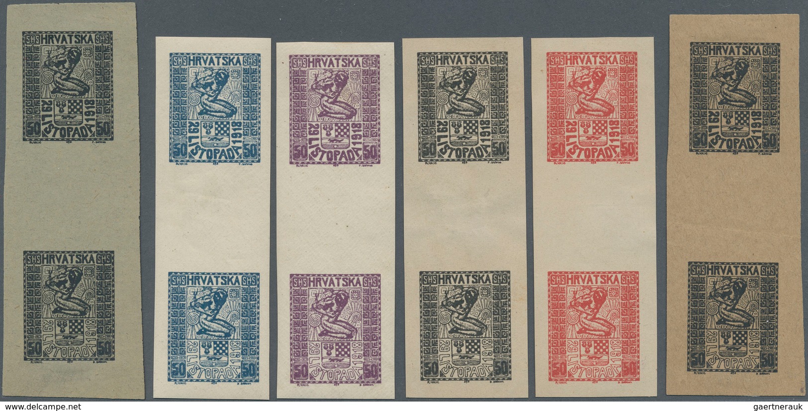 Jugoslawien: 1918, Independence, Group Of Six Imperforate Essays In Vertical Gutter Pairs (=twelve D - Ungebraucht