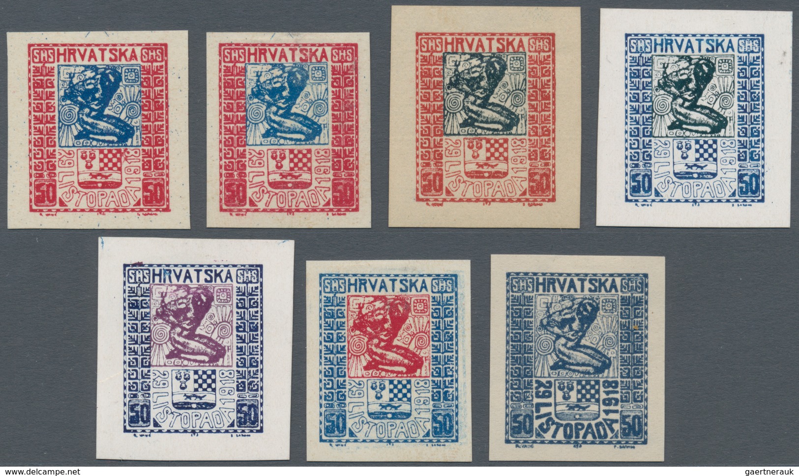 Jugoslawien: 1918, Independence, Group Of Seven Imperforate Essays On Ungummed Paper, Slightly Diffe - Ungebraucht