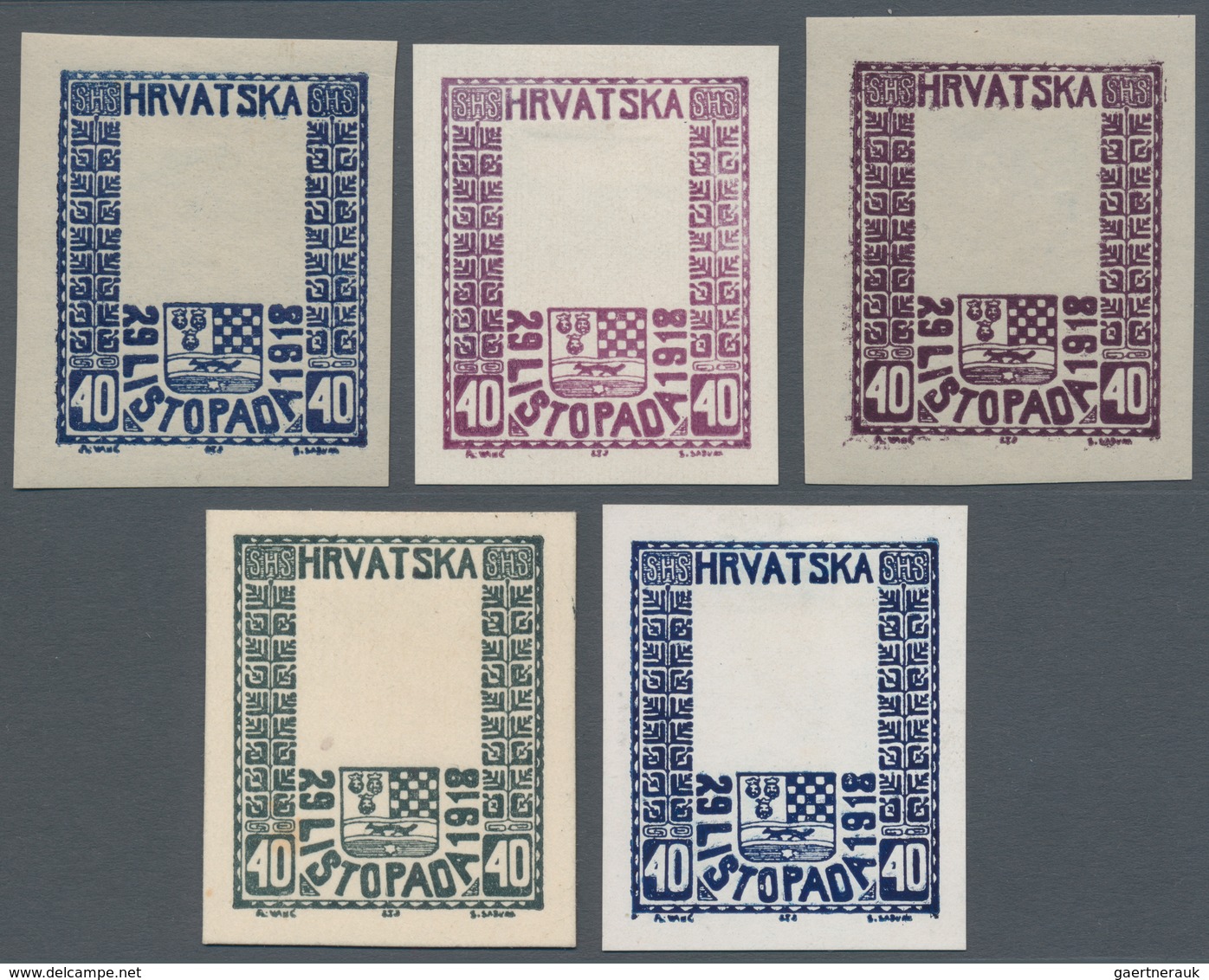 Jugoslawien: 1918, Independence, Group Of Five Imperforate Essays Showing Frame Only And Denominated - Neufs