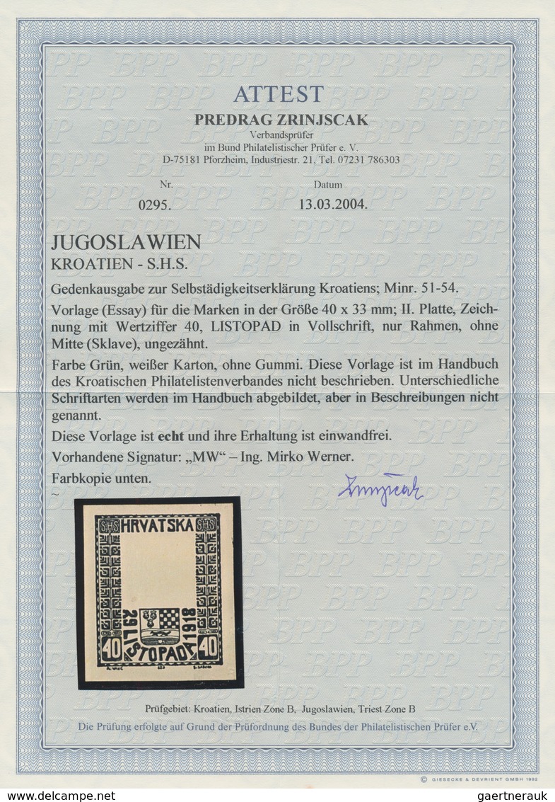 Jugoslawien: 1918, Independence, group of five imperforate essays showing frame only and denominated