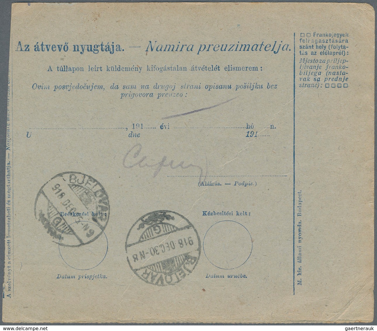 Jugoslawien: 1918. 10f Blue/green "Crown" Type Old Hungarian COD Parcel Card, Accompanying A Parcel - Neufs