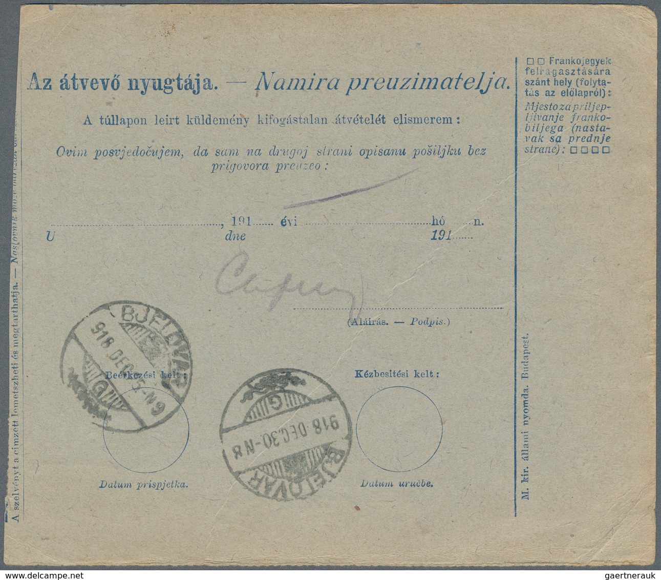 Jugoslawien: 1918. 10f Blue/green "Crown" Type Old Hungarian COD Parcel Card, Accompanying A Parcel - Ungebraucht