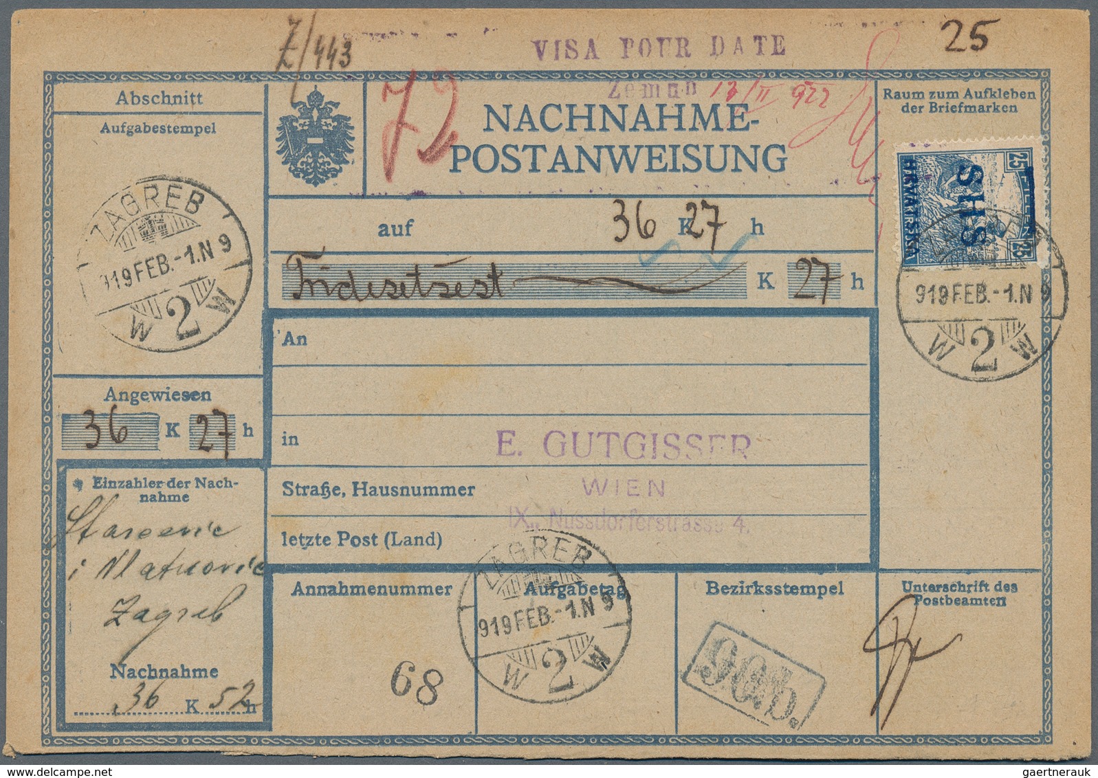 Jugoslawien: 1919. Blue/grey Austrian Postal Order From "NACHNAHME/ POSTANWEISUNG", Handstamped "VIS - Neufs