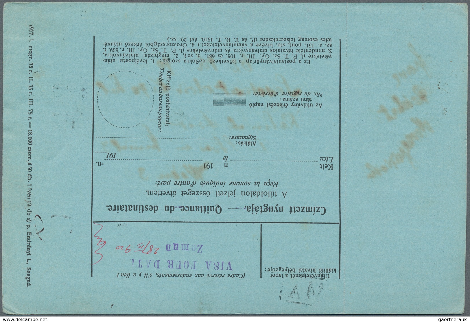 Jugoslawien: 1919. Black/pale Blue International Money Order From Sum Of 62K, 70h, Franked With 20f - Unused Stamps