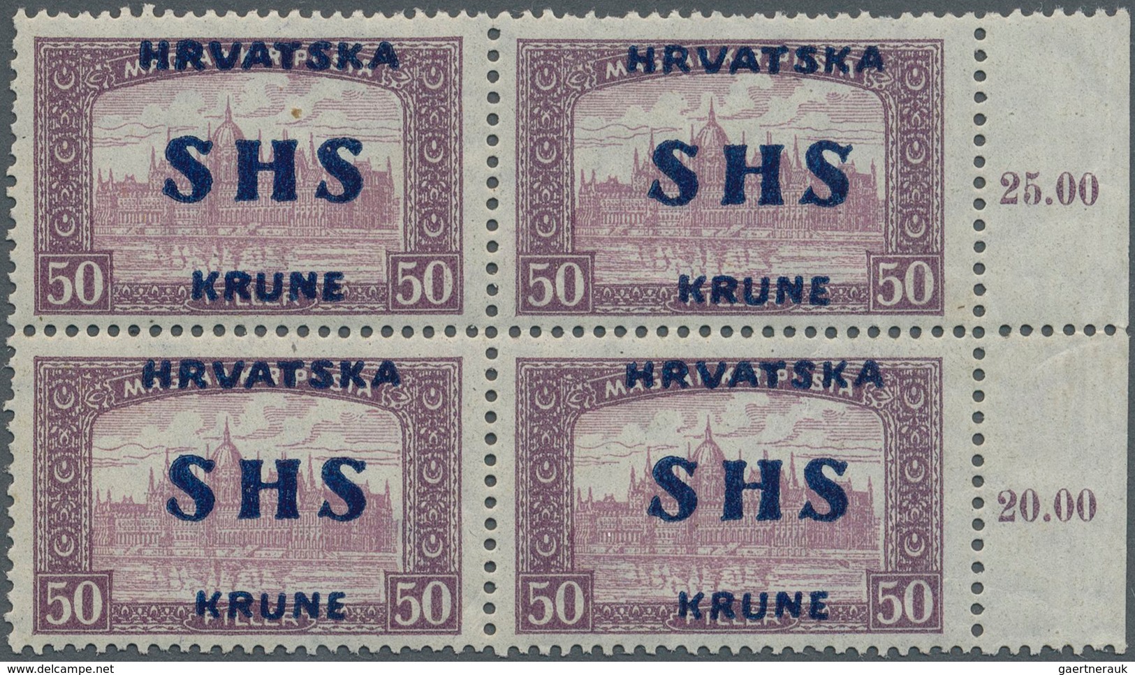 Jugoslawien: 1918, SHS Overprints, 50f. Dull Purple/lilac "Parliament", Right Marginal Block Of Four - Ungebraucht