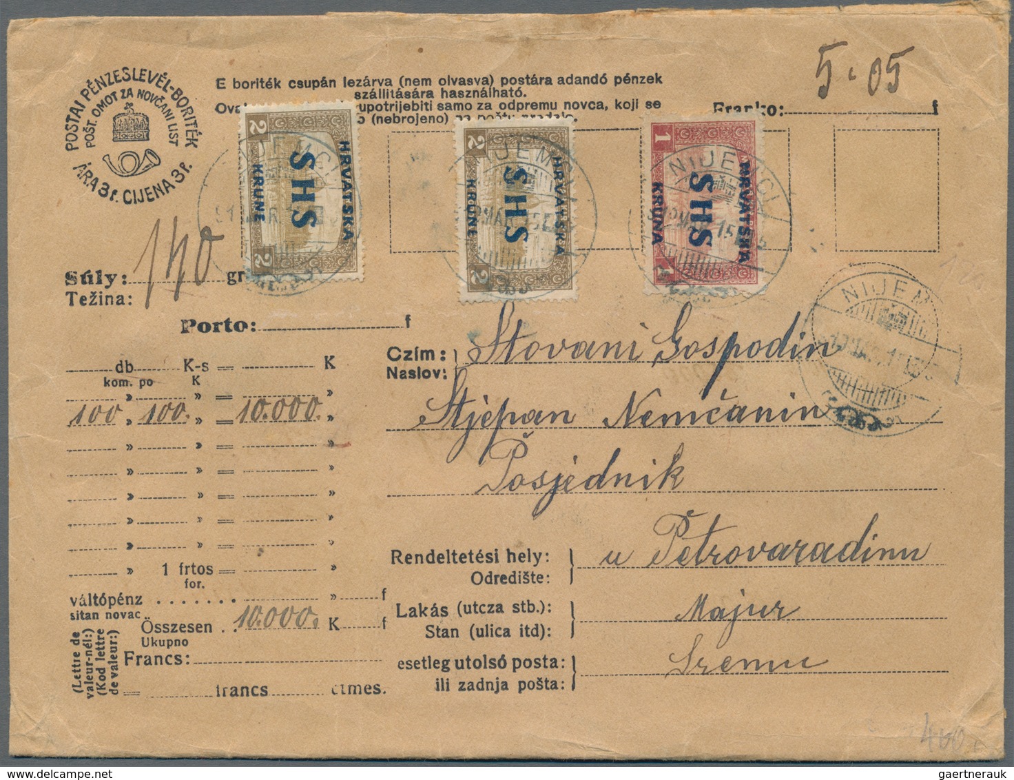 Jugoslawien: 1919, Insured Letter "10.000 K" Franked With 1 And 2 Krune (2) With " HRVATSKA/SHS" Fro - Ungebraucht