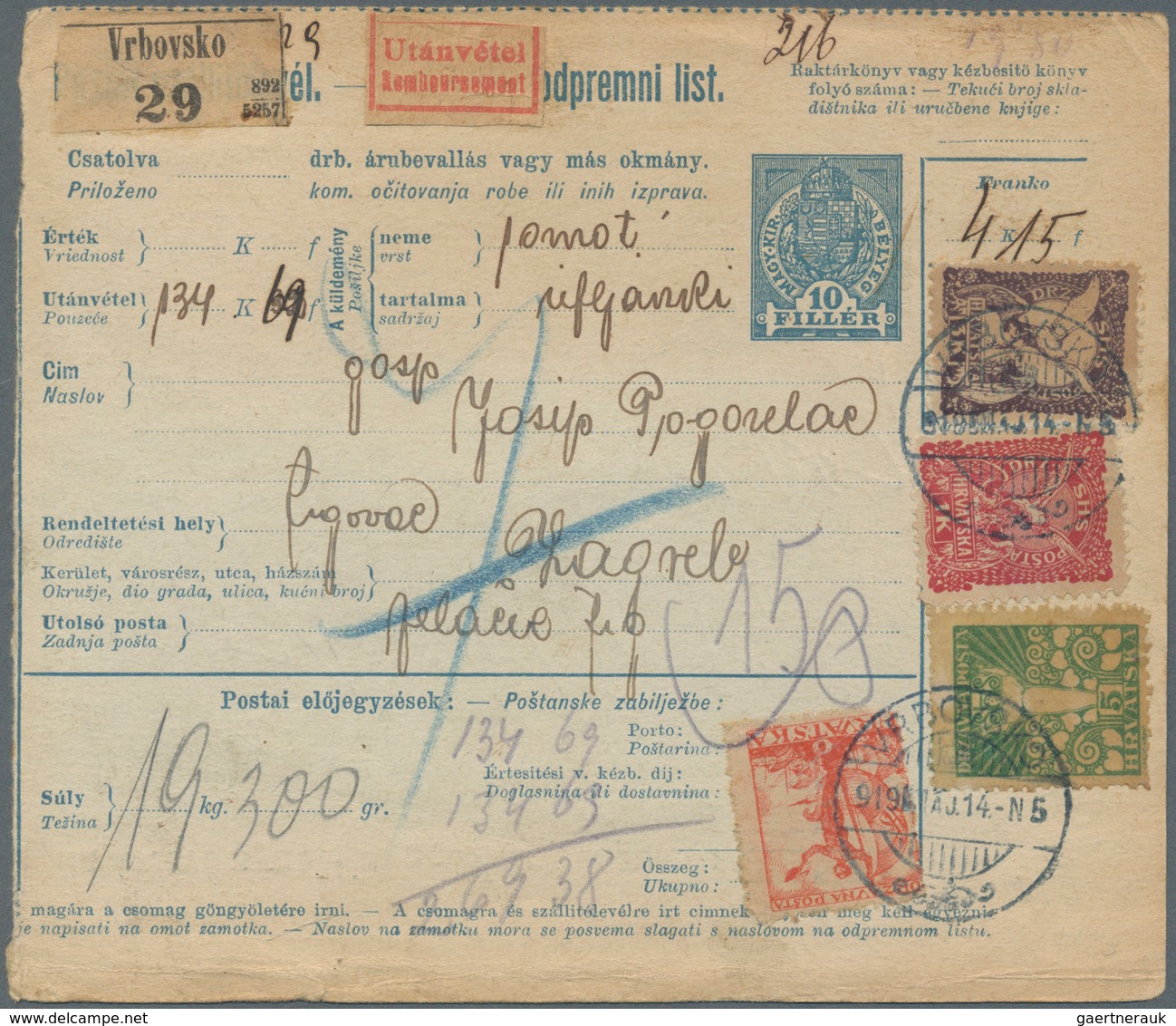 Jugoslawien: 1919, 10f Blue/old White Bilingual Hungarian COD Parcel Card, Accompanying Parcel Of 19 - Ungebraucht