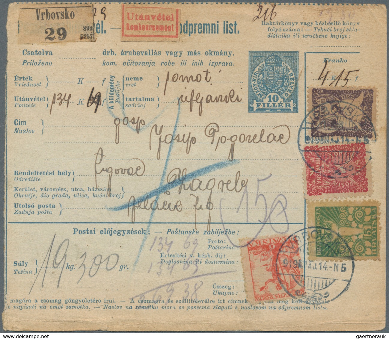 Jugoslawien: 1919, 10f Blue/old White Bilingual Hungarian COD Parcel Card, Accompanying Parcel Of 19 - Unused Stamps