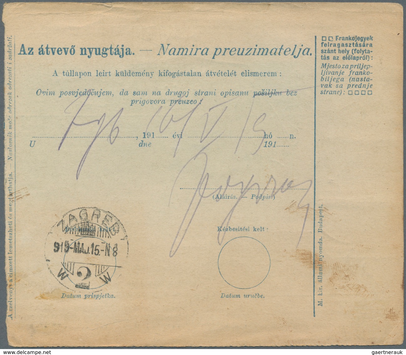 Jugoslawien: 1919, 10f Blue/old White Bilingual Hungarian COD Parcel Card, Accompanying Parcel Of 19 - Neufs