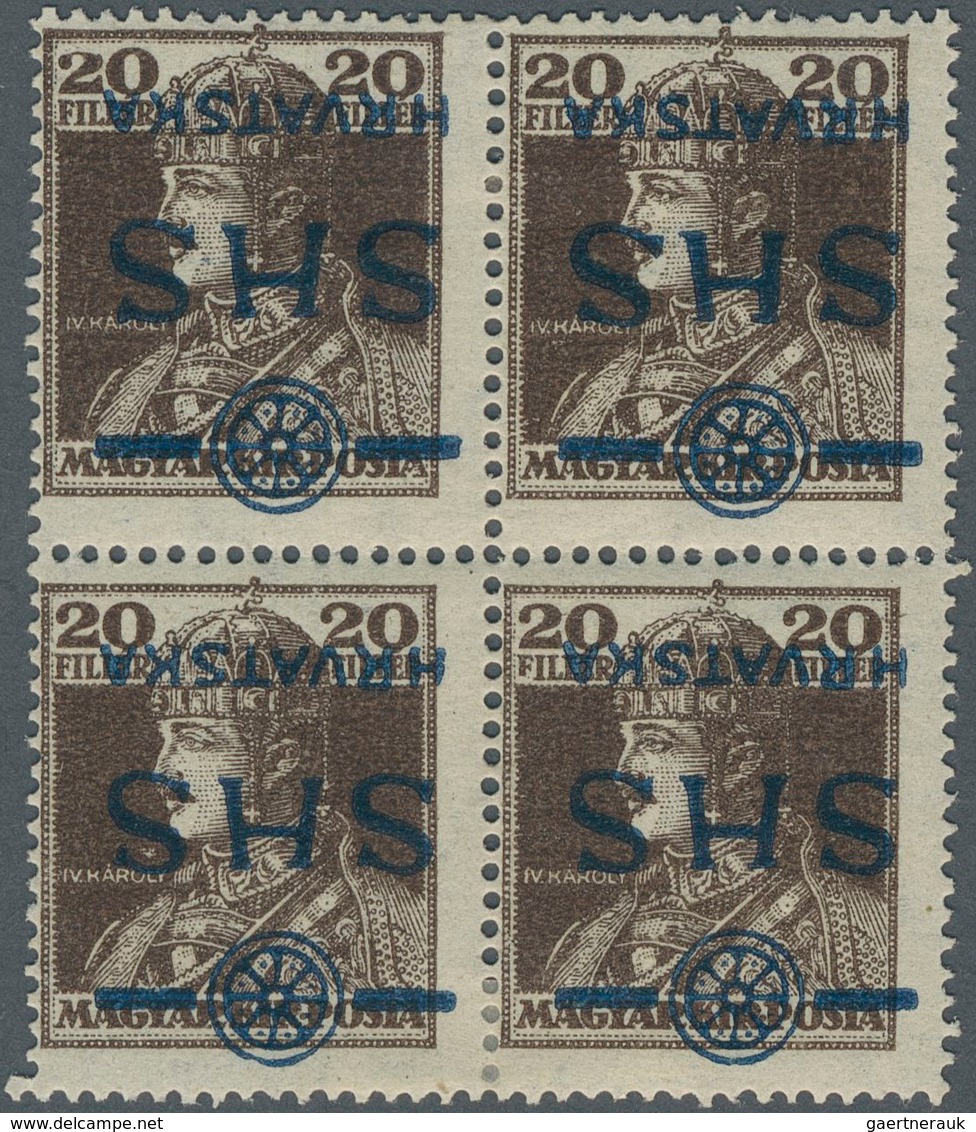 Jugoslawien: 1918, SHS Overprints, 20f. Brown "Karl", Block Of Four With Inverted Overrpint In Blue - Ungebraucht