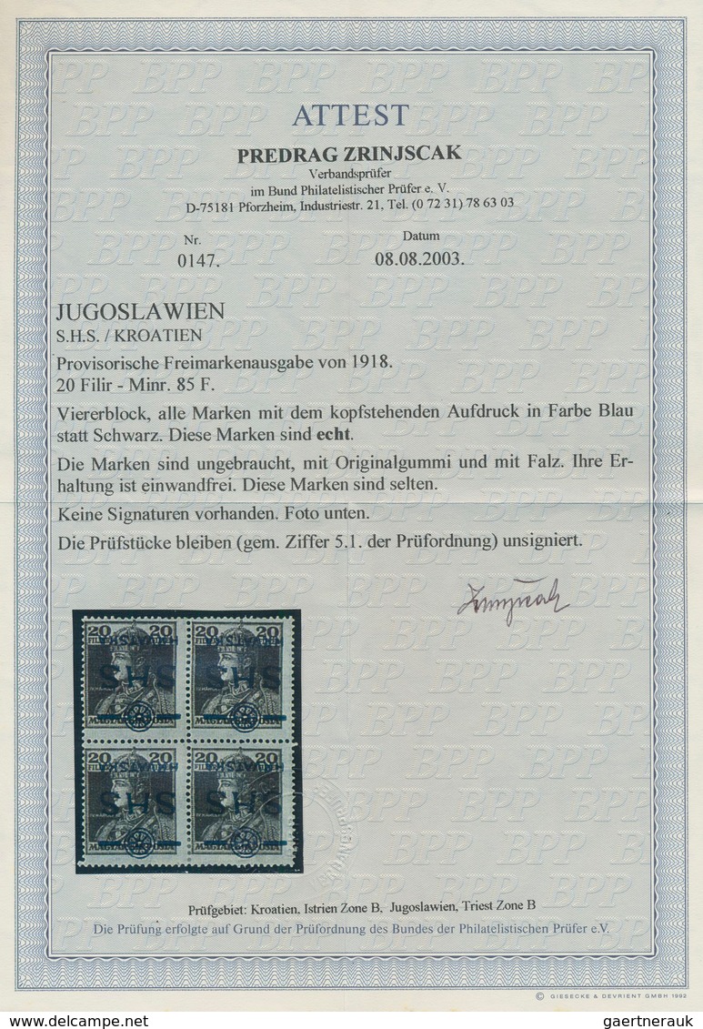 Jugoslawien: 1918, SHS Overprints, 20f. Brown "Karl", Block Of Four With Inverted Overrpint In Blue - Unused Stamps