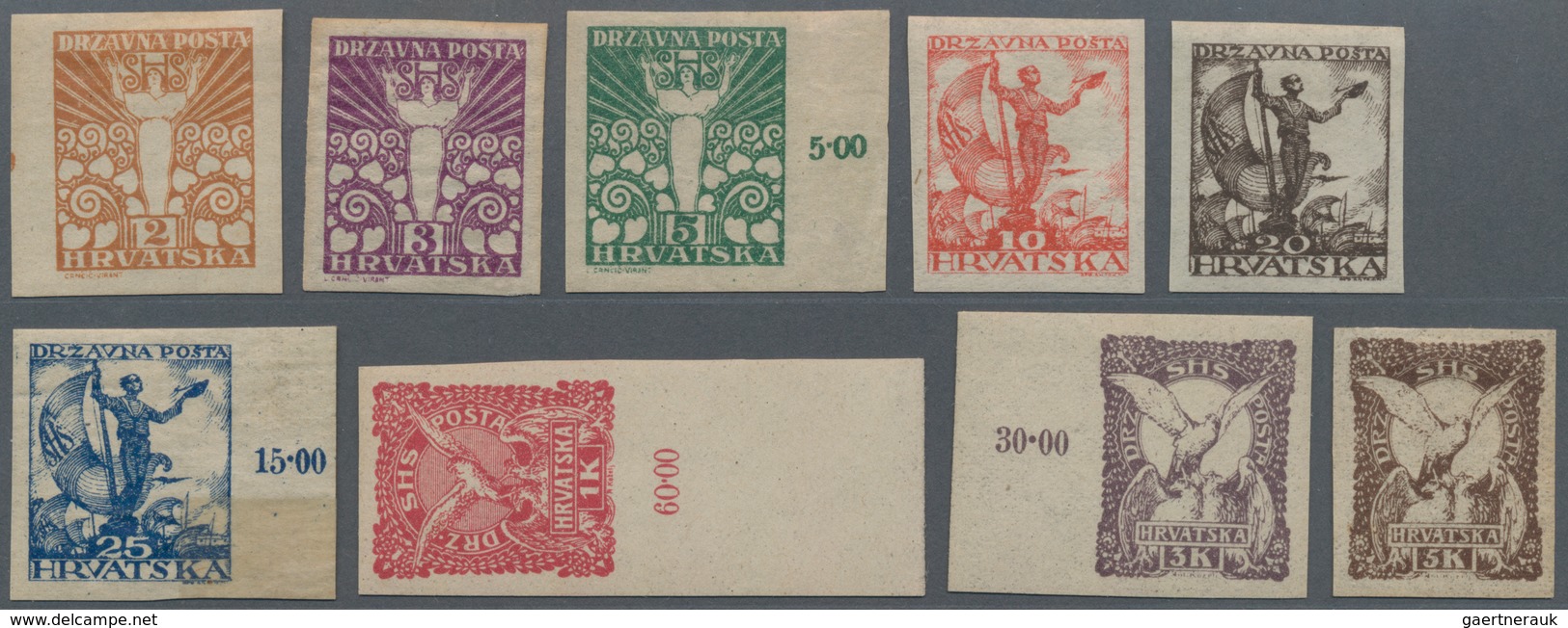 Jugoslawien: 1919 (15 Jan). Definitives. Allegories Of Freedom (“Angel Of Peace”, 2f, 3f & 5f; “Sail - Unused Stamps