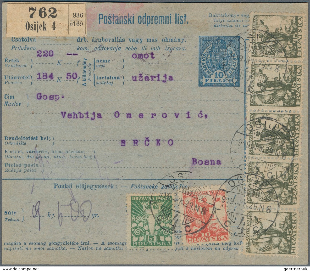 Jugoslawien: 1919, 10f Blue/bluish Old COD Parcel Card (Hungarian And Croatian Language) Accompanyin - Ungebraucht