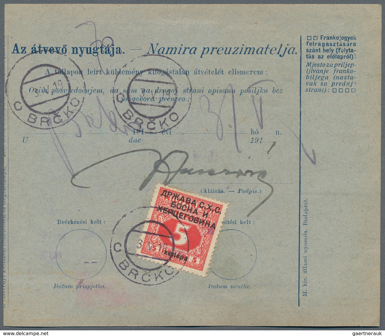 Jugoslawien: 1919, 10f Blue/bluish Old COD Parcel Card (Hungarian And Croatian Language) Accompanyin - Ungebraucht