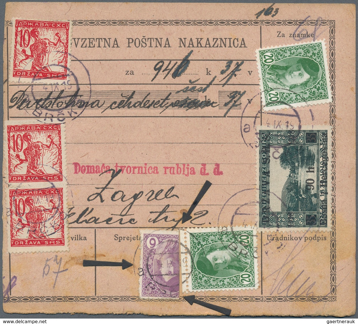 Jugoslawien: 1919. New Style Slovenian Black/grey MONEY ORDER Card To An Address In ZAGREB, For The - Neufs