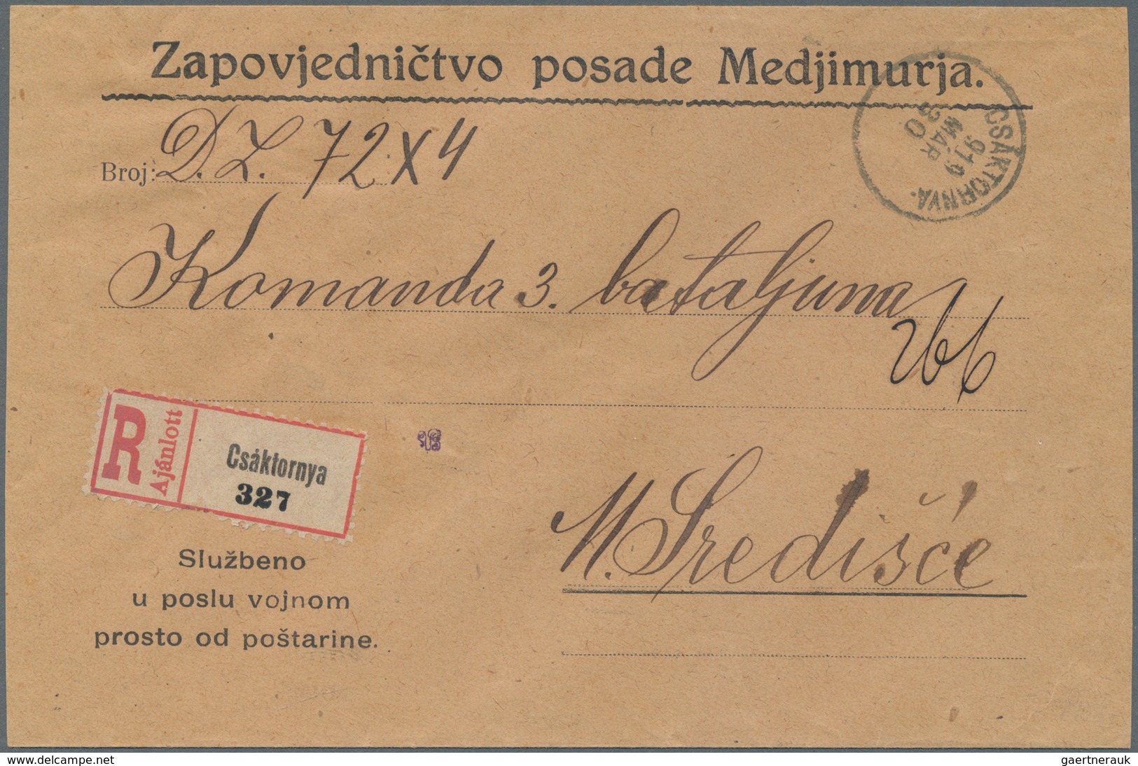 Jugoslawien: 1919, An Official Envelope "Zapovjednictvo Posade Medjimurja" (ARMY HQ), Under Official - Ungebraucht
