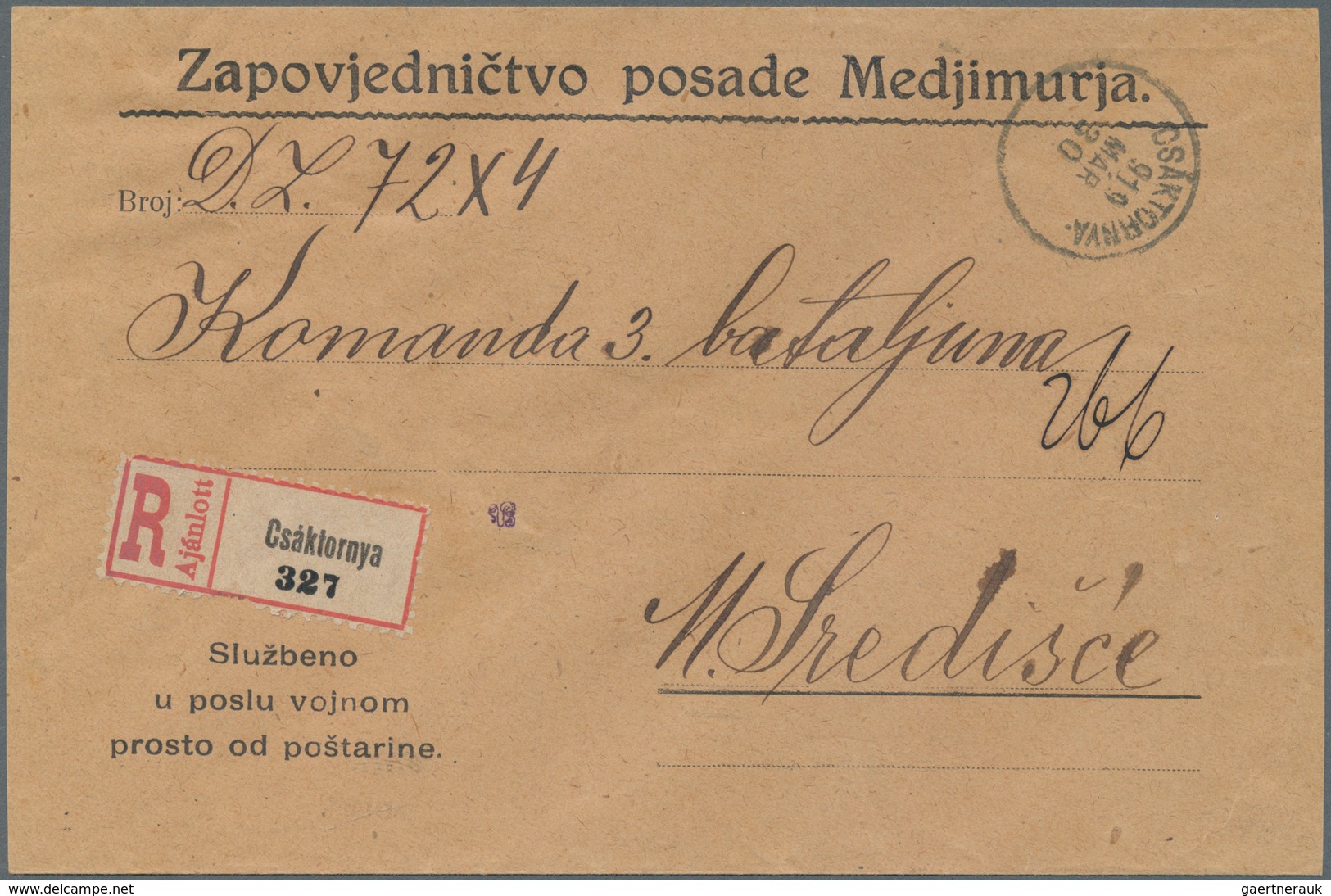 Jugoslawien: 1919, An Official Envelope "Zapovjednictvo Posade Medjimurja" (ARMY HQ), Under Official - Ongebruikt