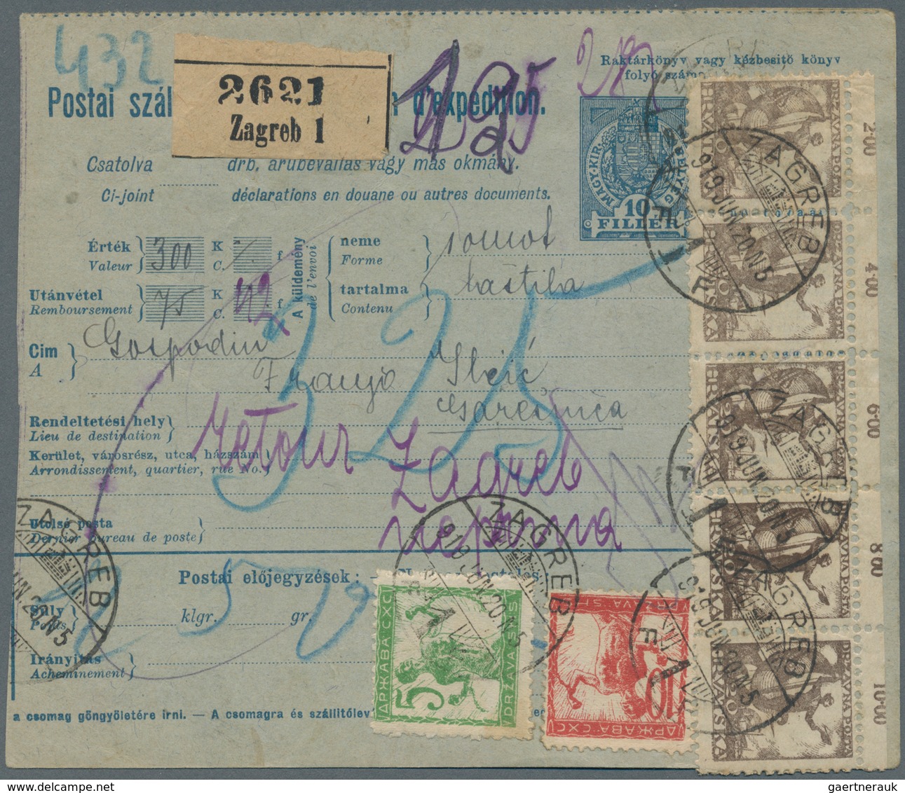 Jugoslawien: 1919. 10f Blue/grey-blue Old Hungarian "Crown" Type Value Declared COD Parcel Card, Des - Unused Stamps