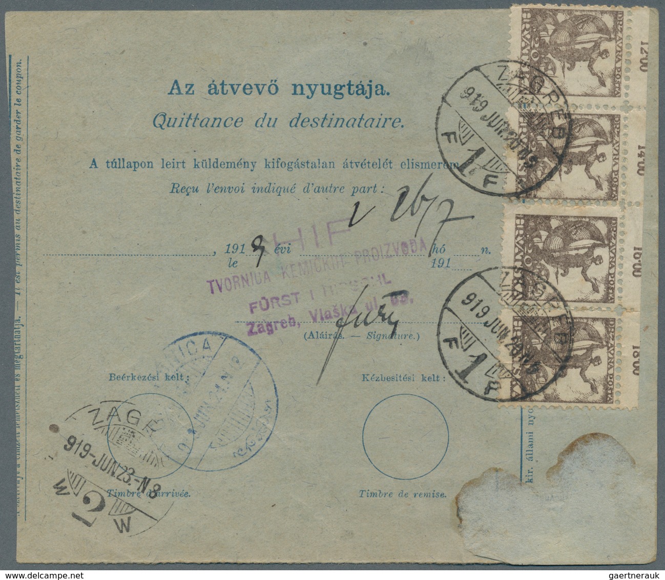 Jugoslawien: 1919. 10f Blue/grey-blue Old Hungarian "Crown" Type Value Declared COD Parcel Card, Des - Unused Stamps