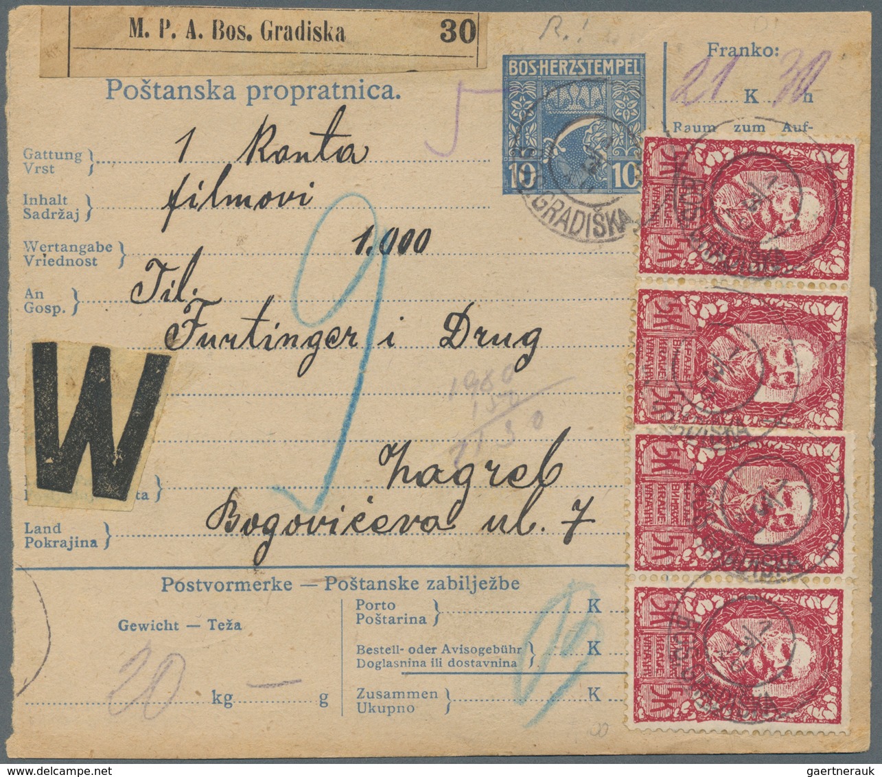 Jugoslawien: 1920. 10(h) Blue/chamois Old Bosnian "Sword" Type Parcel Card Accompanying A Film Reel - Unused Stamps