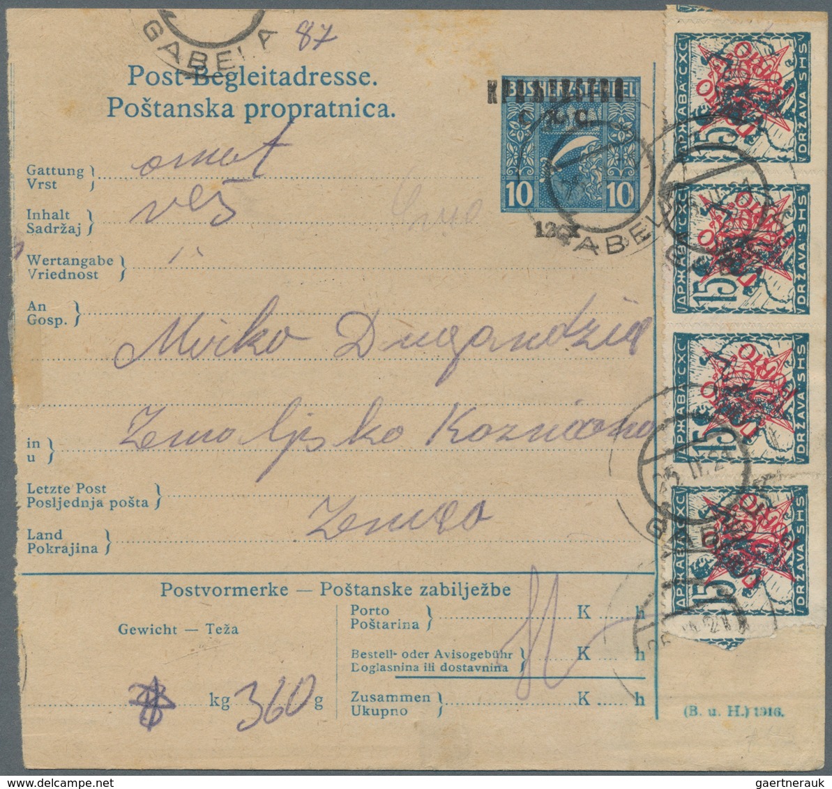 Jugoslawien: 1920, 12x On 10(h) Blue/yellowish "KRALJEVSTVO/ SHS" (Cyrillic, In Black) Parcel Card A - Ungebraucht