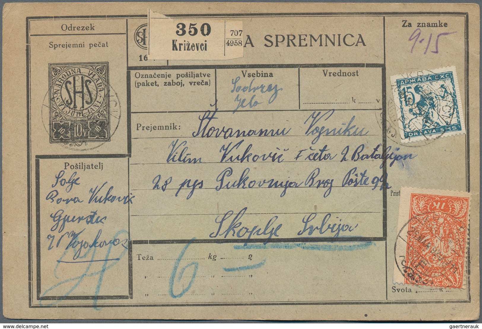 Jugoslawien: 1920. 10v (16v) Black/grey, Slovenian Produced, "S. H. S." Parcel Card, Raised For A 6k - Unused Stamps